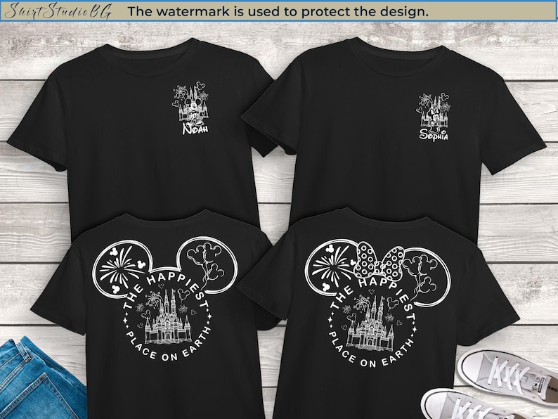 May include: Black t-shirts with white graphic designs. One shirt has "Noah" and a castle design. Another has "Sophia" and a castle design. Two shirts feature a Mickey Mouse head with "The Happiest Place on Earth" text and castle.