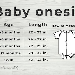 Peut inclure: Un tableau avec le texte "Baby onesie" et des informations sur les tailles. Il indique les tranches d'&acirc;ge de 0-3 mois &agrave; 12-18 mois, avec les longueurs en pouces. Un sch&eacute;ma montre comment mesurer la longueur d'un body.