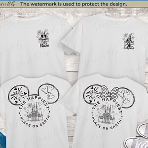 May include: Four white t-shirts with black graphic designs. Two shirts have a Mickey Mouse castle design with names, and two have a Mickey Mouse head design with the text "THE HAPPIEST PLACE ON EARTH".