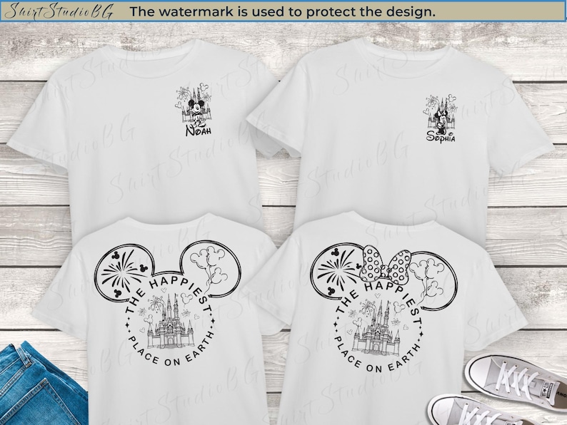 May include: Four white t-shirts with black graphic designs. Two shirts have a Mickey Mouse castle design with names, and two have a Mickey Mouse head design with the text "THE HAPPIEST PLACE ON EARTH".
