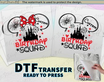 Transferencia DTF personalizada del equipo de cumpleaños de Disney, lista para imprimir