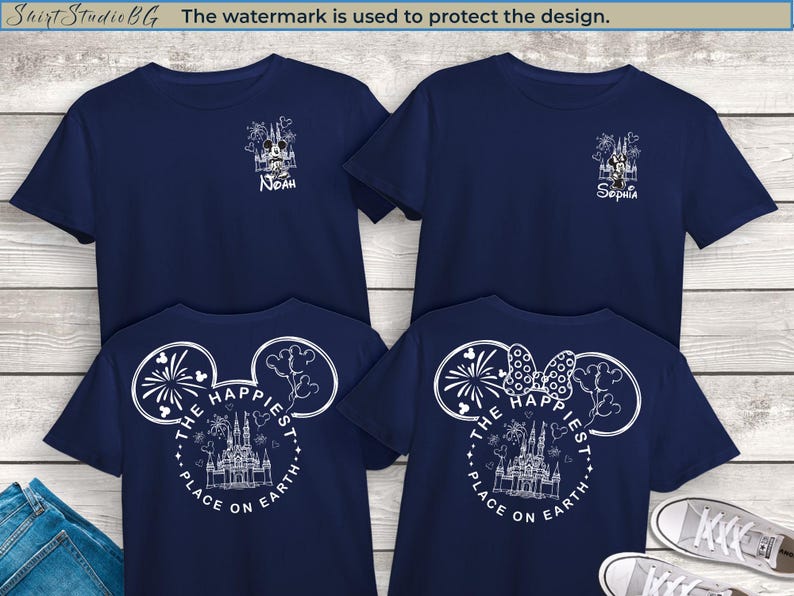 May include: Navy blue t-shirts with white graphics. One shirt has "Noah" and a castle design, the other "Sophia". The back of the shirts say "The Happiest Place on Earth" with a castle and Mickey Mouse ears.