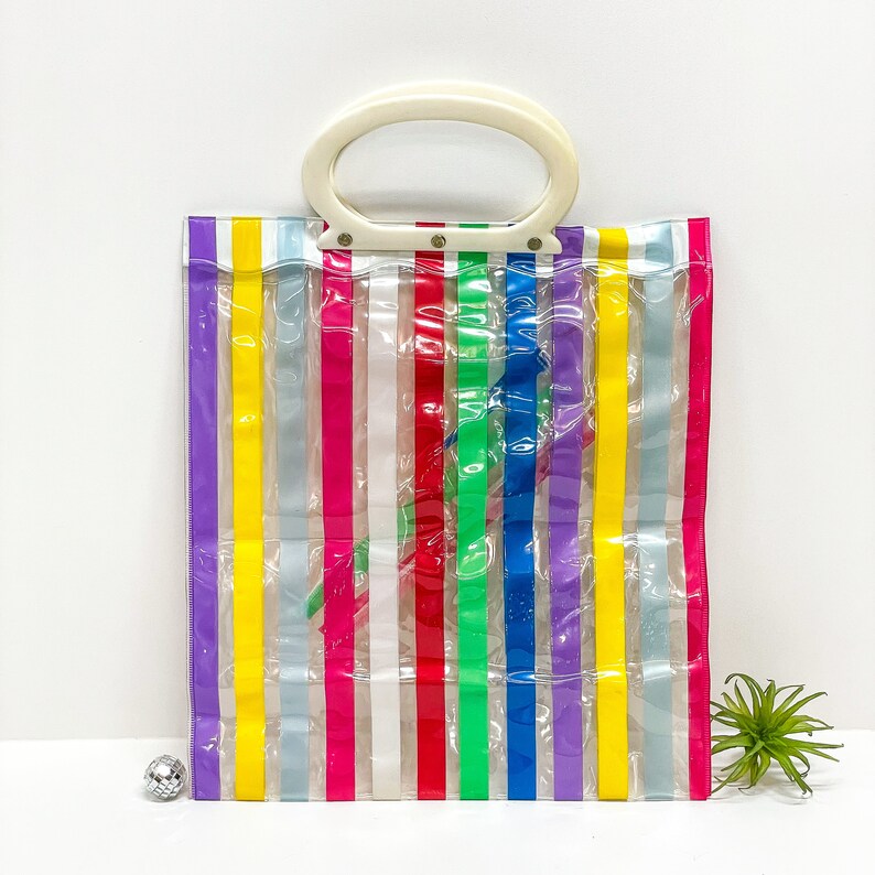 Vintage Striped Tote / Vintage Plastic Tote / Striped Plastic Etsy