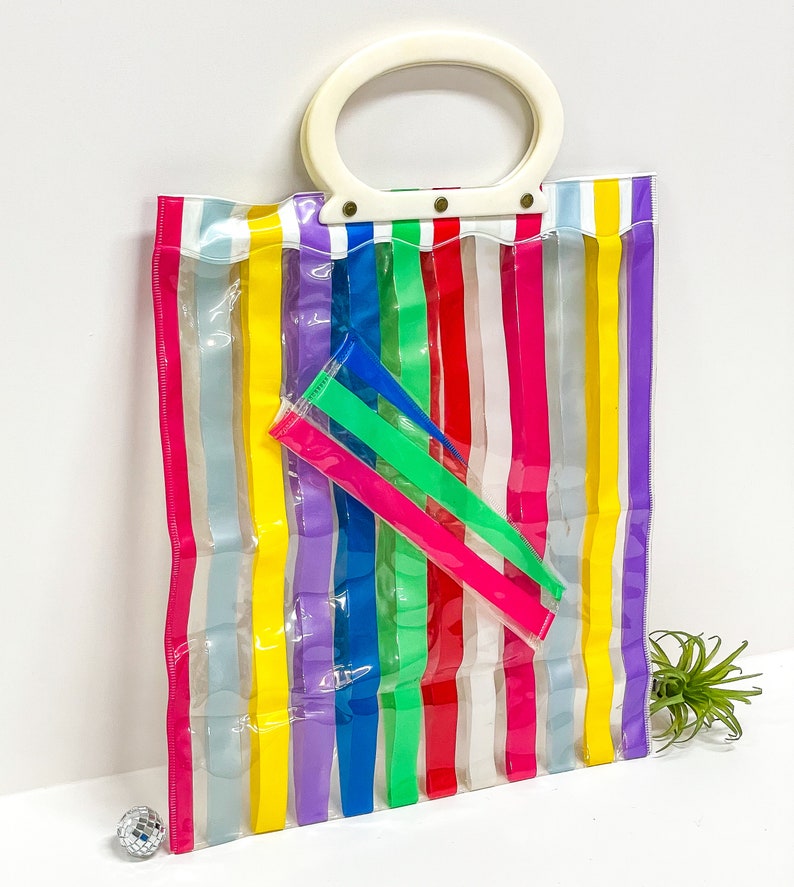 Vintage Striped Tote / Vintage Plastic Tote / Striped Plastic Etsy