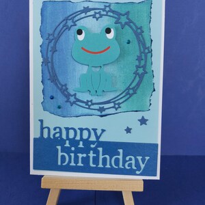Exklusive handgefertigte Grußkarte/Glückwunschkarte zum Geburtstag mit lustigem Froschmotiv. Unikat