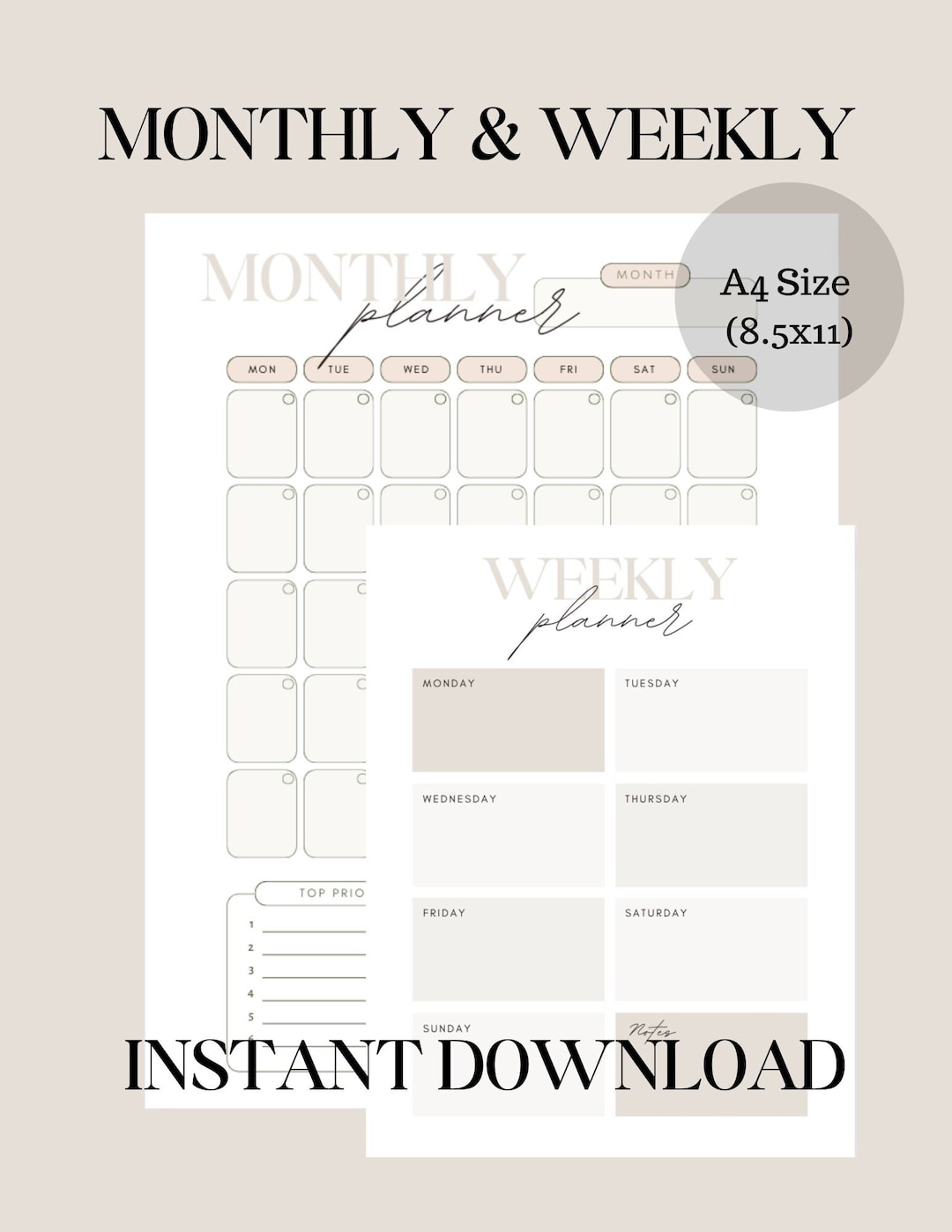 Weekly and Monthly Printable Planner - Instant Digital Download - Etsy