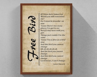 Free Bird Lyrics Art Print: Lynyrd Skynyrd Wall Decor (Digital Download)