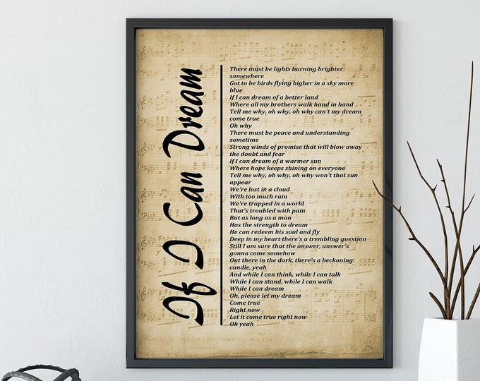 If I Can Dream Lyrics on Sheet Music, Digital Download, Music Lyrics Wall Art, Print, Elvis Gift, Wall Décor, Instant Download, Wall Hanging