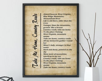 Take Me Home Country Roads Lyrics Song Wall Art, Digital Art Printable, Bedroom/Living Room/ Wall Art - Instant Download – Wall Hangings
