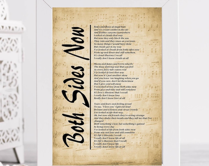 Digital Download, Both Sides Now Lyrics on Sheet Music, Lyrics Picture,  Music Lyrics Wall Art, Music Gift, Wall Décor
