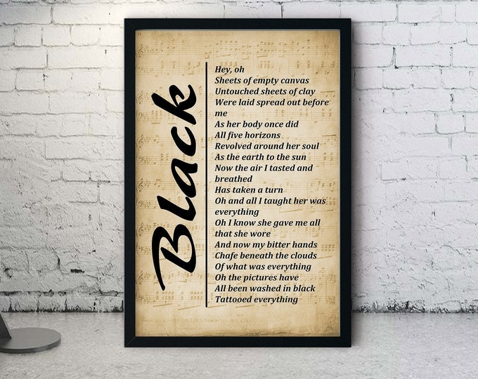 Black - Lyrics on Sheet Music Background, Song Lyrics Wall Art Print, - Free Shipping