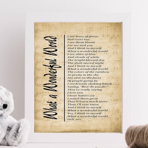Digital Download, What a Wonderful World Lyrics on Sheet Music, Lyrics Picture,  Music Lyrics Wall Art, Music Gift, Wall Décor