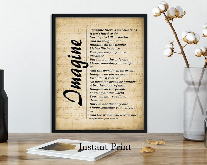 Imagine Lyrics, Song Lyrics on Sheet Music Background, Printable Wall Art, Music Poster Wall Hanging Digital Download