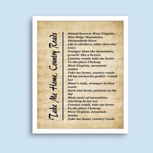 Take Me Home Country Roads - John Denver Song Lyrics Wall Art Print, Digital Picture, Home Décor  + Free Shipping