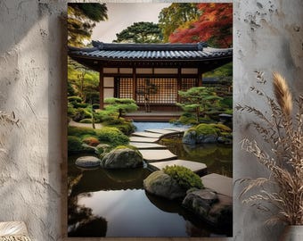 Japanese Garden in Autumn Canvas Art, Zen Stepping Stone Path Over Water, Red Maple Tea House Print, Tranquil Fall Scenery Wall Décor