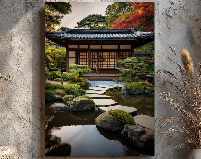Japanese Garden in Autumn Canvas Art, Zen Stepping Stone Path Over Water, Red Maple Tea House Print, Tranquil Fall Scenery Wall Décor