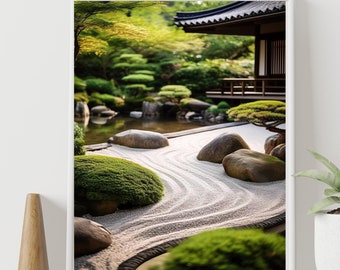 May include: A framed photograph of a Japanese zen garden with a white gravel path, green bushes, and large rocks. The garden is surrounded by trees and a traditional Japanese building.