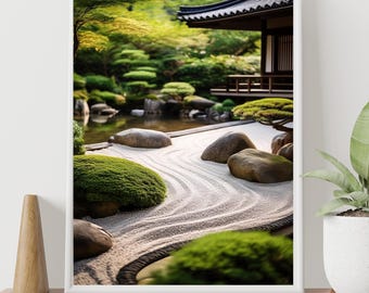 Authentic Japanese Zen Garden Print: Raked Gravel, Serene Moss & Stones - Asian Landscape Art Décor