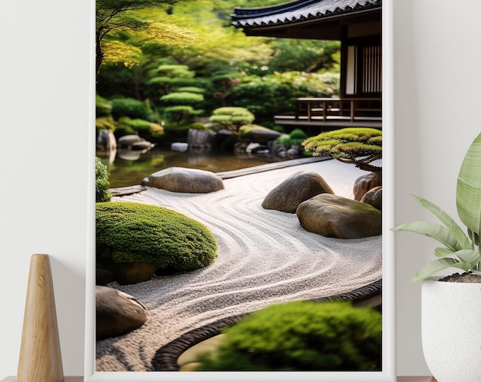 Authentic Japanese Zen Garden Print: Raked Gravel, Serene Moss & Stones - Asian Landscape Art Décor