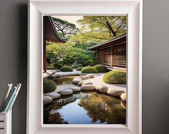 Karesansui (Japanese dry garden) with water - Japanese Zen Garden Digital Art Print