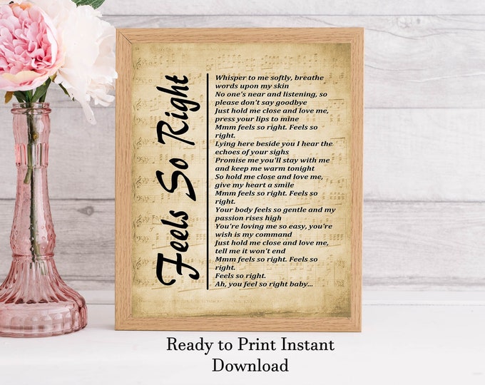 Printable Song Lyrics - Feels So Right by Alabama, Home Décor Wall Art Print - Instant Download