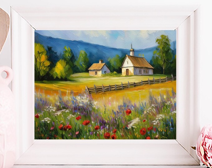 Rustic Farmhouse Landscape Print – Vintage Country Wall Art, Rural Home Décor, Old Farmhouse Digital Download, Printable Artwork