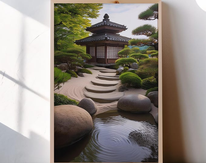 Japanese Garden with Pagoda Digital Art Print for Mindful Home, Office & Meditation Décor - Zen Oasis – Instant Download