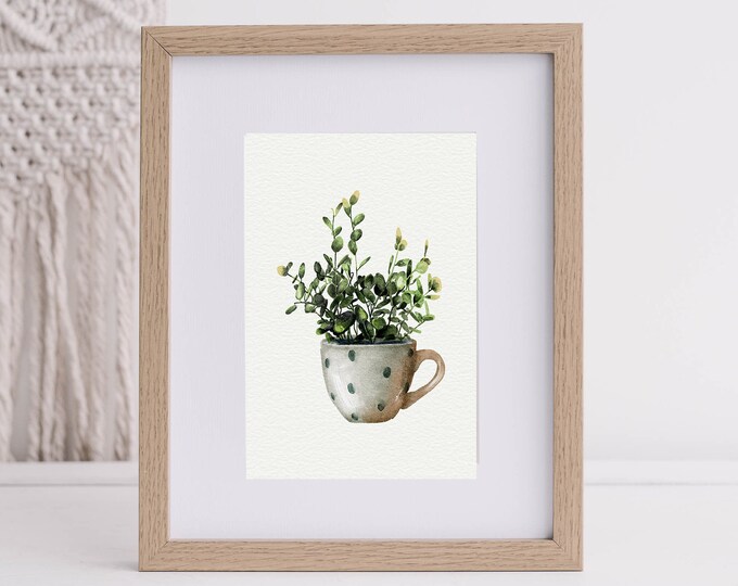 Instant Print Wall Art -  Watercolor illustration of a Plant in a Tea Cup, Wall Art Print, Picture for, Kitchen Living Room, Home Décor