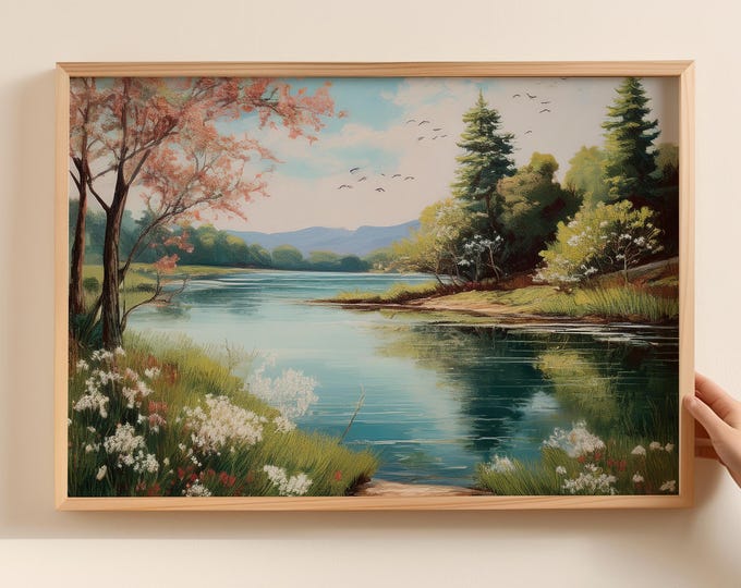 Vintage Style Spring Lake Landscape Print | Tranquil Lakeside Painting with Blooming Trees & Wildflowers - Instant Print Digital Download
