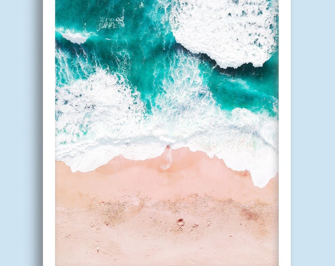 Pink Beach and Ocean Printable Wall Art, Coastal Waves Instant Print Digital Download