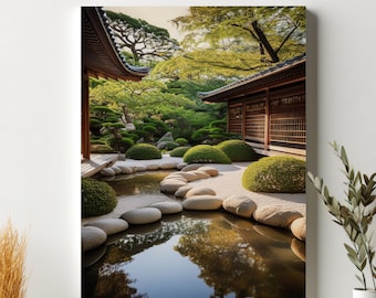 Serene Japanese Garden Canvas Art, Calming Pond Wall Décor, Zen Art Print for Mindfulness & Spa, Large Nature Scenery Ready to Hang