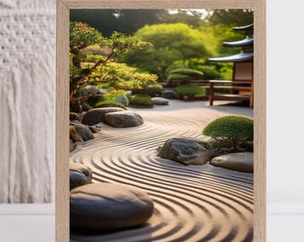 Harmonious Zen Garden Art Print: Japanese Raked Sand & Stone Landscape for Calm Home Décor