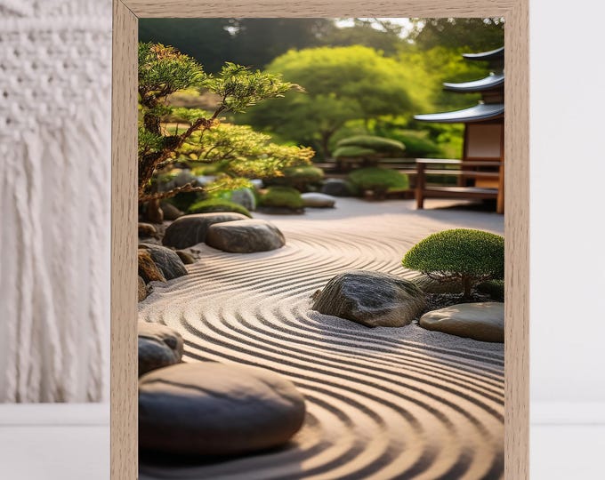 Harmonious Zen Garden Art Print: Japanese Raked Sand & Stone Landscape for Calm Home Décor