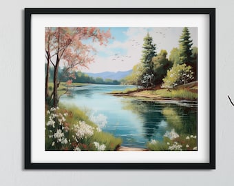 Vintage Style Spring Lake Landscape Print | Serene Nature Wall Art | Tranquil Lakeside Painting with Blooming Trees & Wildflowers