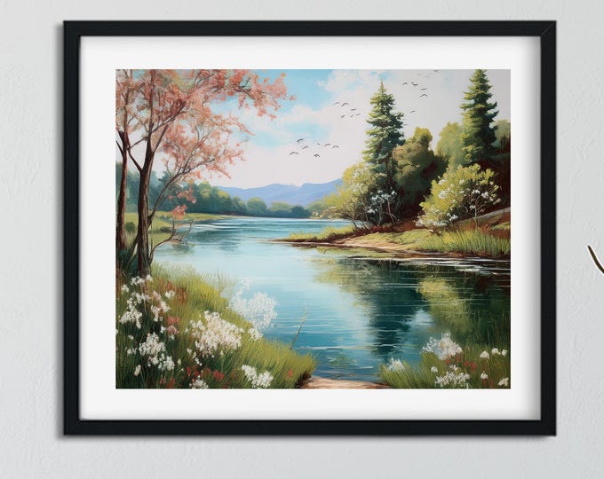 Vintage Style Spring Lake Landscape Print | Serene Nature Wall Art | Tranquil Lakeside Painting with Blooming Trees & Wildflowers