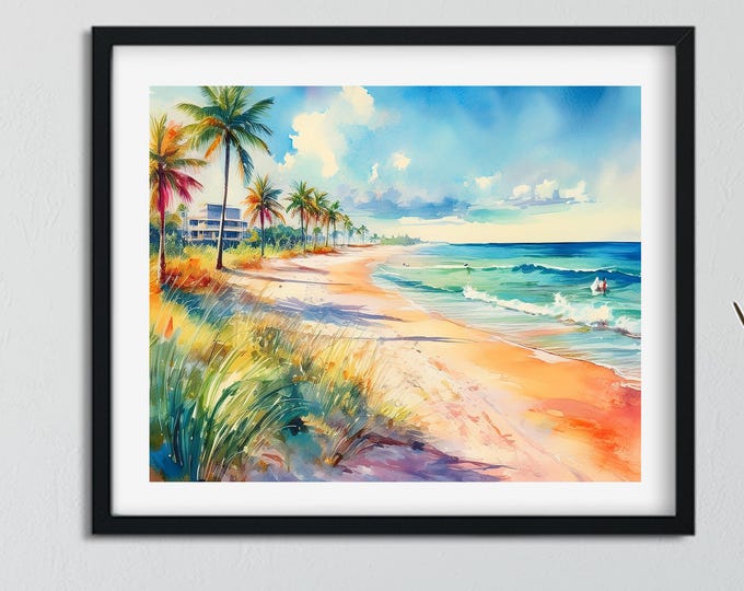 Tropical Beach Watercolor Print | Coastal Landscape Art | Palm Tree Ocean View | Instant Download Digital Print