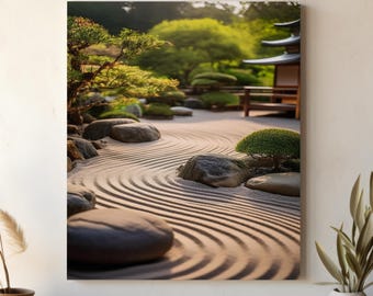 Zen Sand Garden Canvas Art, Japanese Raked Rock Garden Print, Karesansui Wall Décor, Meditative Lines for Mindfulness, Large Zen Art