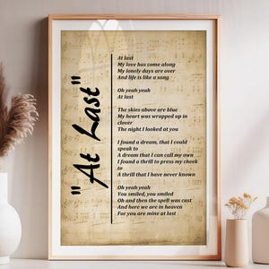 Digital Music Print, At Last Lyrics by Etta James, Lyrics Picture, Music Wall Art, Music Gift, Wall Décor - Digital Picture - Free Shipping