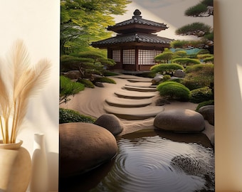 Zen Sanctuary Canvas Print, Japanese Temple and Stone Path Art, Asian Inspired Wall Décor, Contemplative Scenery for Mindful Spaces