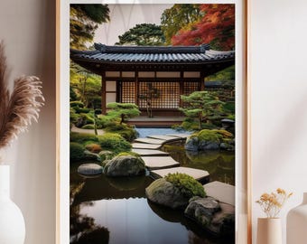 Elegant Japanese Garden Print with Traditional House & Pond - Serene Asian Landscape Wall Art