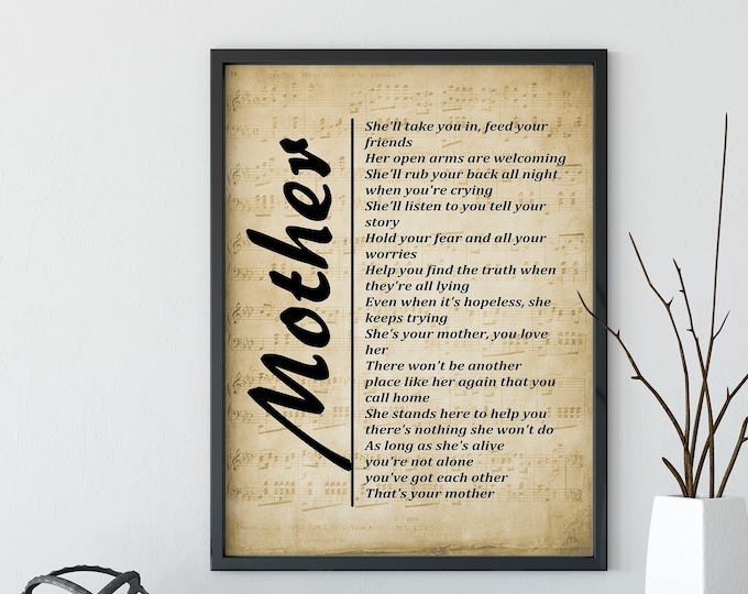 Mother Lyrics Print by Sugarland Song Lyrics Wall Art on Sheet Music Background - Free Shipping