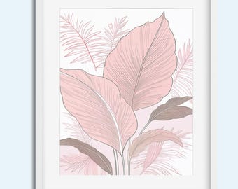 Minimalist Pink Botanical Art Print – Instant Print Digital Download, Tropical Leaf Wall Décor, Digital Printable Art