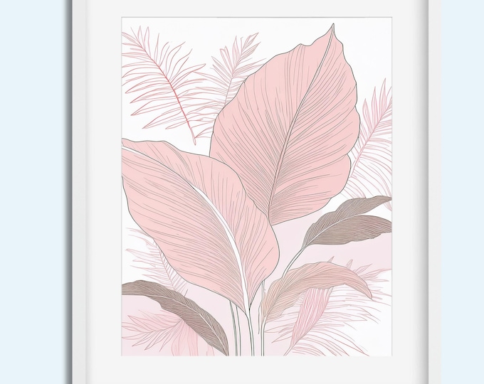 Minimalist Pink Botanical Art Print – Instant Print Digital Download, Tropical Leaf Wall Décor, Digital Printable Art