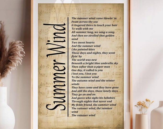 Summer Wind Lyrics on Sheet Music, Lyrics Picture, Music Lyrics Wall Art, Music Gift, Print,  Wall Décor, Free Shipping