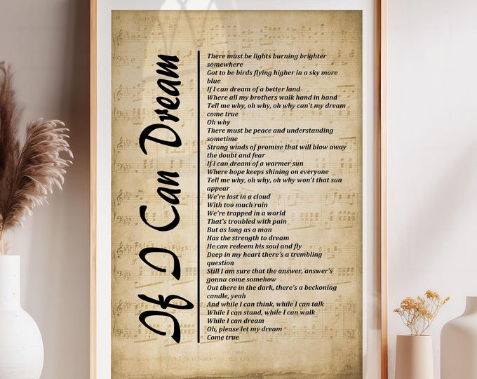 If I Can Dream Lyrics on Sheet Music, Song Lyrics Picture, Music Lyrics Wall Art, Music Elvis Gift, Print, Wall Decor, Free Shipping