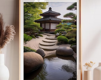 Serene Japanese Zen Garden Print with Pagoda - Asian Inspired Wall Art - Peaceful Landscape Home Décor