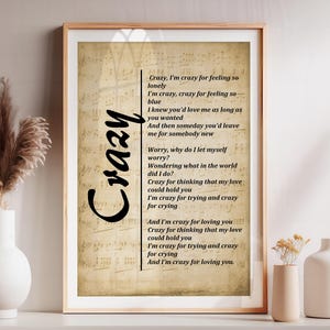 Patsy Cline Crazy Lyrics Art Print: Vintage Sheet Music (Digital Download)