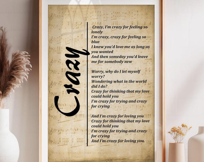Crazy, Patsy Cline Wall Art Print, Song Lyrics Printable - Digital Picture for Living Room, Bedroom or Office, Home Décor - Digital Download