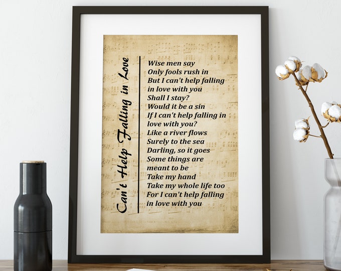 Can't Help Falling in Love - Song Lyrics Printable Wall Art Print, Digital Picture for Living Room, Bedroom or Office - Digital Download