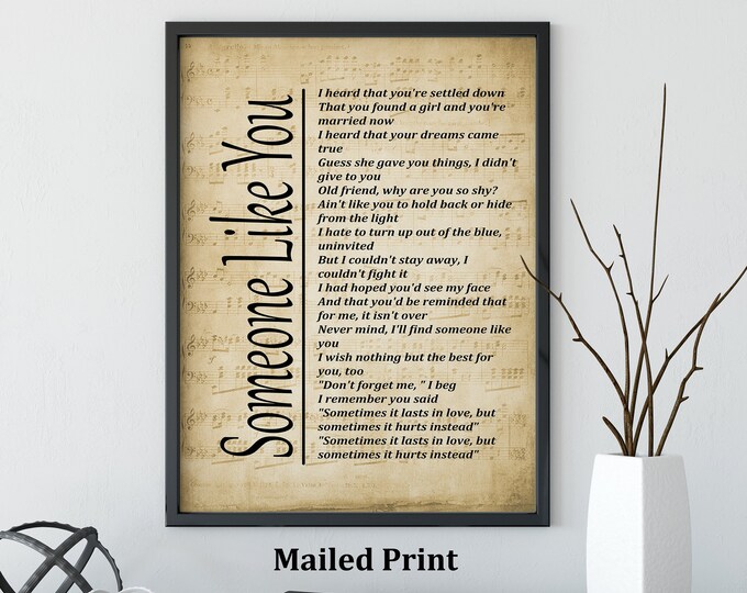 Someone Like You Print - Lyrics on Sheet Music Background, Song Lyrics Wall Art, - Free Shipping